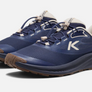 Pair of dark blue and brown shoes that have white accents and a white K on the side of the shoe against a white background.