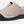 Size profile of a tan fuzzy shoe that has a black rubber sole with a draw string on top against a white background.