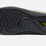 Bottom view of a shoe that is a black rubber sole and yellow Keen logo on the bottom against a white background.