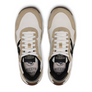 Top view of a pair of shoes that is white, tan and black with the Keen logo on the tongue of the shoe.