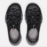 Top view of a pair of black sandals with grey accents against a white background.