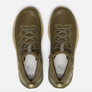 Pair of olive green shoes with khaki accents against a white background.