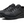 Angled view of a pair of black shoes with a brand logo on the side against a white background