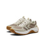Beige and brown sneakers with white laces on a white background