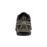 Back view of a shoe that is brown, dark green and black against a white background