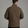 Back view of a person wearing a dark brownish green jacket.