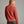 Back view of a person wearing a burnt orange sweater and green pants against a grey background.