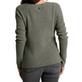 Back view of a person wearing a dark green sweater and grey pants against a white background.