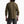 Back view of a person wearing a dark olive green long sleeve shirt and grey pants against a white background.