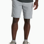Person wearing light grey shorts with a dark grey shirt and grey shorts against a white background.