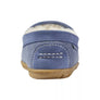 Heel of a light blue slipper with white stitching and a light brown sole against a white background.