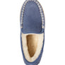 Top view of a light blue slipper with white stitching and a fluffy white inside agianst a white background. 