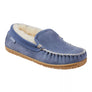 Angled view of a light blue slipper with a light brown sole, showing the fluffy white inside against a white background.