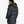 Back view of a person wearing a black puffy jacket with a hood against a white background.