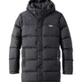 Black puff jacket with a hood and brown buttons that has an LL Bean embroidered patch on the front.