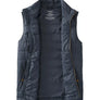 Image of a navy blue vest that is unzipped against a white background.