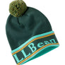 Dark green winter hat with a pom on top and the flipped up part says LL Bean in a bright green color.