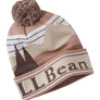Light tan colored winter hat that has a multi-colored tan mountain scene on it and has LL Bean written in brown color on the flipped up part.