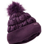 Dark purple hat that has a pom pom on the top and a light purple tag int he flipped up part of the had that says LL Bean.