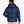 Back view of a person wearing a navy blue jacket with a hood against a white background.