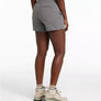 Person wearing gray shorts on a white background