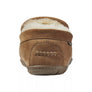 Back of a light brown shoe with white stitching against a white background.