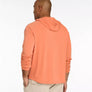 Man wearing an orange hoodie from behind on a white background