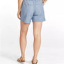 Person wearing light blue shorts on a white background