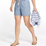Person wearing light blue shorts with a white background