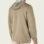 Back view of a person wearing a tan colored hoodie against a cream colored background.