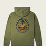 The back of an olive green hoodie that has a Marsh Wear logo on the back that has a yellow deer in it.