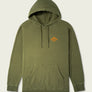 The front of an olive green hoodie that has a golden yellow brand logo on the front for Marsh Wear.