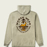 The back of a light tan sweatshirt that has a brown brand logo that covers the whole back of the sweatshirt.