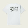 Pale light blue t-shirt that has Marsh Wear Outfitters written in a deep olive color on the back.