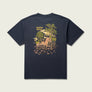 Dark navy blue short sleeve t shirt that as a woodland scene on the back that has a white tail buck on the back against a white background.