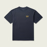 Front of a navy blue shirt that has Marsh Wear written in a dark yellow color where a pocket would be against a white background.