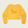 Mustard yellow cropped sweatshirt that has a dark yellow mustard deer on the front that say Marsh Wear against a white background.