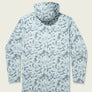 Backside of a gray camo long sleeve with a hood on a beige background