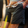 Person wearing a striped shirt and dark shorts with a blurred background