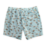 Dark dusty blue shorts with a duck and grass pattern with a pocket on the back against a white background