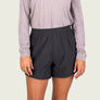 Person wearing shorts and a light purple top against a white background
