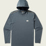 Grey hooded long sleeve with tan shoulder stitching and a small logo patch on front with an off-white background