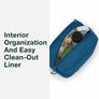 Blue toiletry bag with toiletries inside with text that says "interior organization and easy clean out liner"