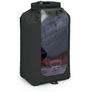 Black Osprey dry sack with a window showing clothes through it against a white background