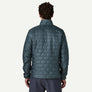 Back view of a blue jacket that has grey pants against a grey background.