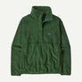 Dark green 1/2 button pull over fleece with the Patagonia logo on the front right part against a white background.