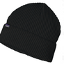 Black knit hat with the bottom folded up and with a Patagonia tag on the flipped up part.
