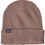 Mauve colored knit hat that can flip up and has a small Patagonia tag on the flipped part.