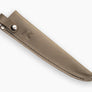 Brown knife sheath with a logo on a white background