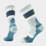 Pair of white, navy, and teal socks against a white background.